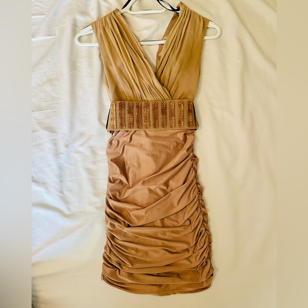 Champagne midi dress with waist belt from Bebe xxs